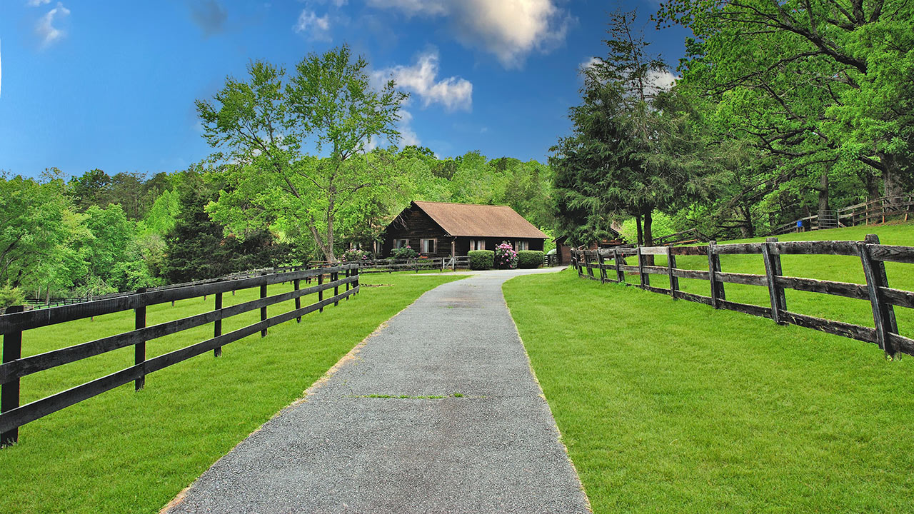 Scenic country driveway leading to a rustic log cabin home, surrounded by lush green pastures and fenced paddocks. The peaceful rural setting features mature trees, vibrant landscaping, and a bright blue sky with scattered clouds.