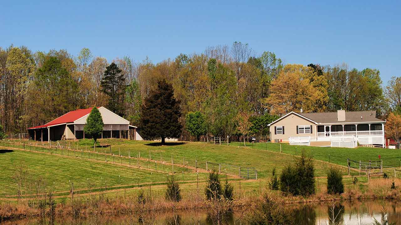 Idyllic horse farm with a rolling pasture, a modern ranch-style home featuring a spacious covered porch, and a large barn with a red metal roof. The property is enclosed by fencing and overlooks a tranquil pond, surrounded by lush trees and open fields.